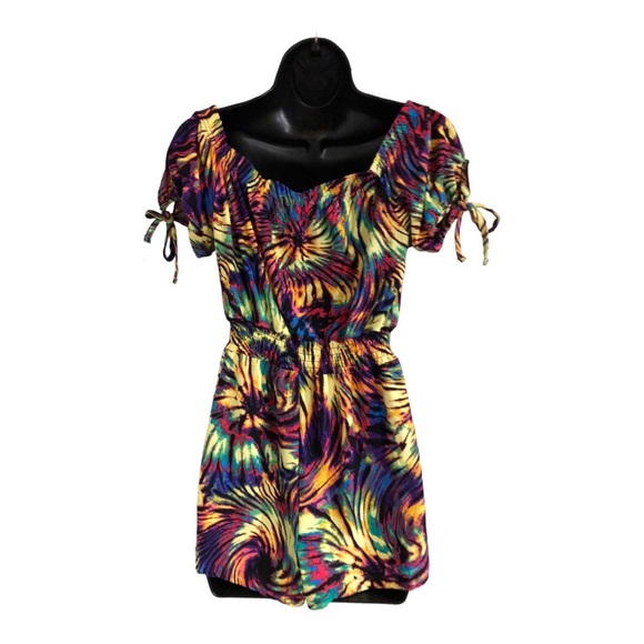 Supercute off the shoulder colorful tie dye look elastic hem romper size large - Picture 13 of 16